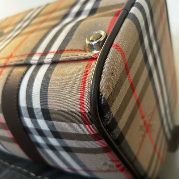 Burberry Haymarket Boston Tan Duffel with Brown Leather Trim 10H x 19W inches - Picture 9 of 15